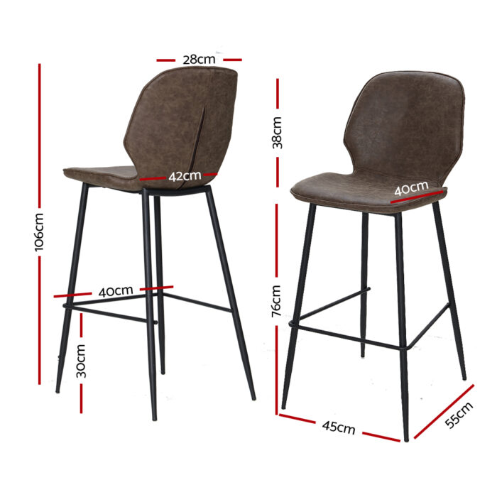 Artiss Set of 2 Bar Stools Kitchen Stool Barstool Dining Chairs Leather Brown Kingsley - Image 2