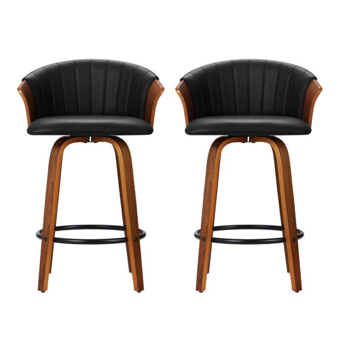 Artiss Set of 2 Bar Stools Kitchen Stool Wooden Chair Swivel Chairs Leather Black - Image 4
