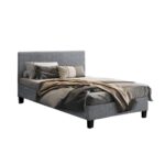 Bed Frame Double Mattress Base Wooden Platform Fabric Platform Solid Slat Grey