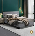 Bed Frame Queen Mattress Base Wooden Platform Fabric Platform Solid Slat Grey - Image 2