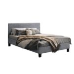 Bed Frame Queen Mattress Base Wooden Platform Fabric Platform Solid Slat Grey