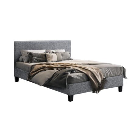 Bed Frame Queen Mattress Base Wooden Platform Fabric Platform Solid Slat Grey