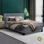 Bed Frame Queen Size Mattress Base Fabric Wooden Platform Solid Slat Grey - Image 2