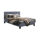 Bed Frame Queen Size Mattress Base Fabric Wooden Platform Solid Slat Grey