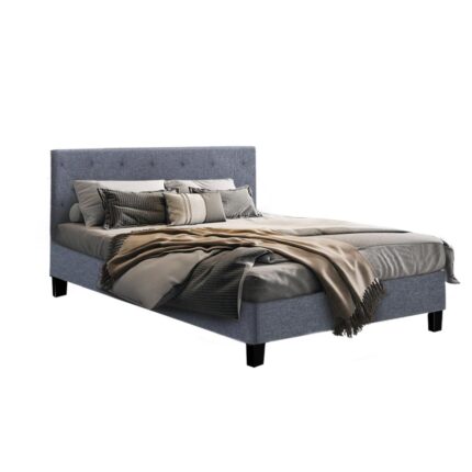 Bed Frame Queen Size Mattress Base Fabric Wooden Platform Solid Slat Grey