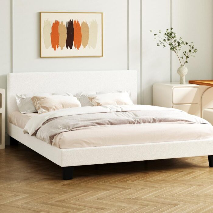 Oikiture King Bed Frame Wooden Slats Boucle Fabric White - Image 6