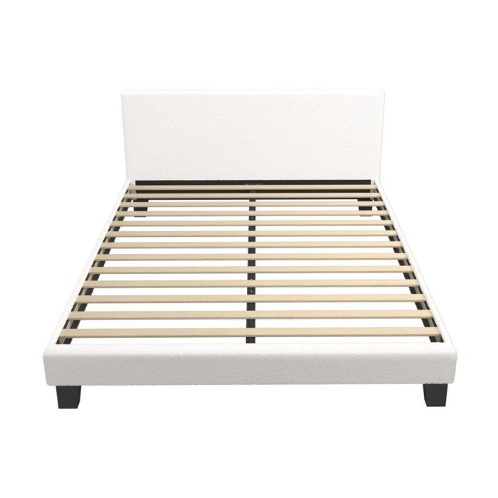 Oikiture White Boucle Fabric Queen Bed Frame for Relaxation