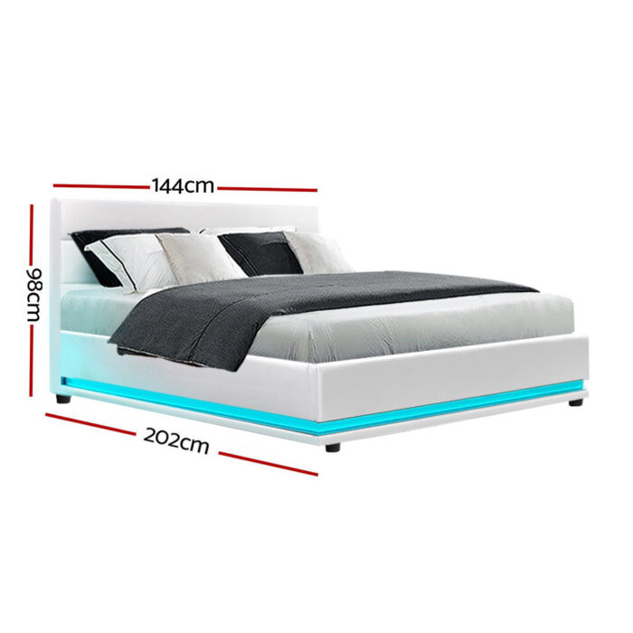 Artiss Bed Frame Double Size LED Gas Lift White LUMI - Image 2