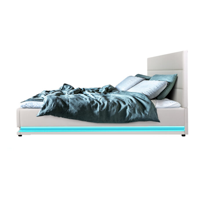 Artiss Bed Frame Double Size LED Gas Lift White LUMI - Image 4