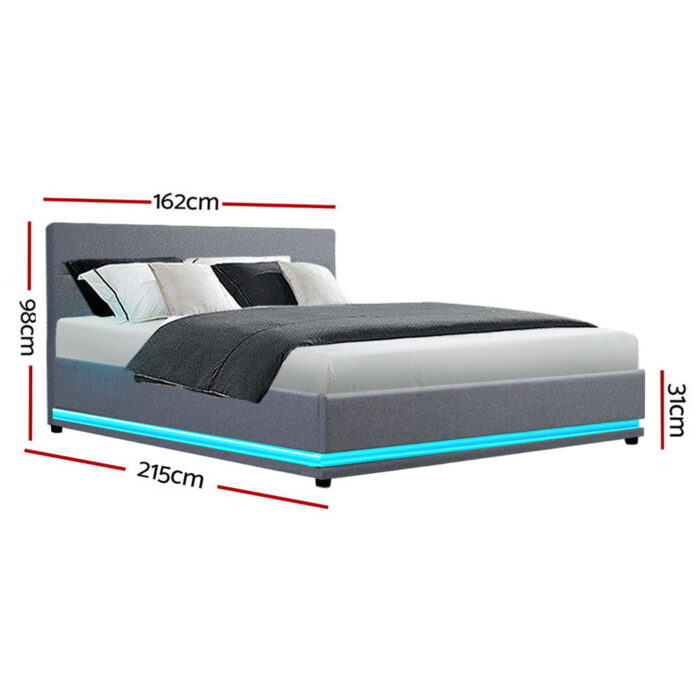 Artiss Bed Frame Queen Size LED Gas Lift Grey LUMI - Image 2