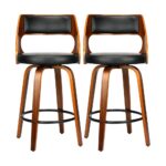 Oikiture 2xBar Stools Wooden Bar Stool Swivel Chair Leather Kitchen Dining Black