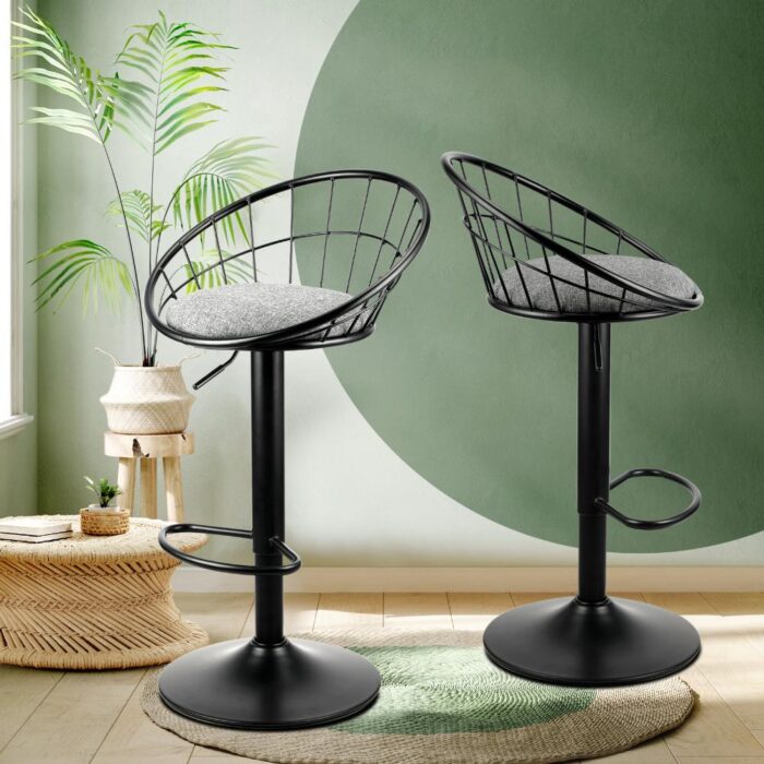 Oikiture 2x Bar Stools Gas Lift Metal Bar Stool Kitchen Chairs Grey Fabric Black - Image 6