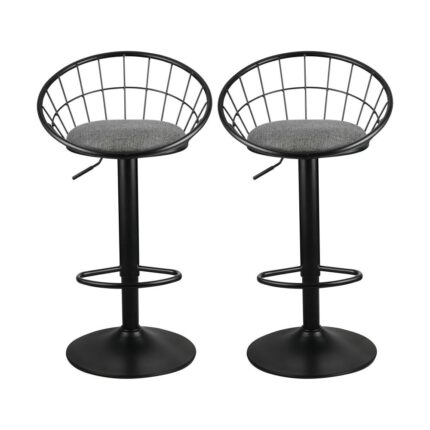 Oikiture 2x Bar Stools Gas Lift Metal Bar Stool Kitchen Chairs Grey Fabric Black