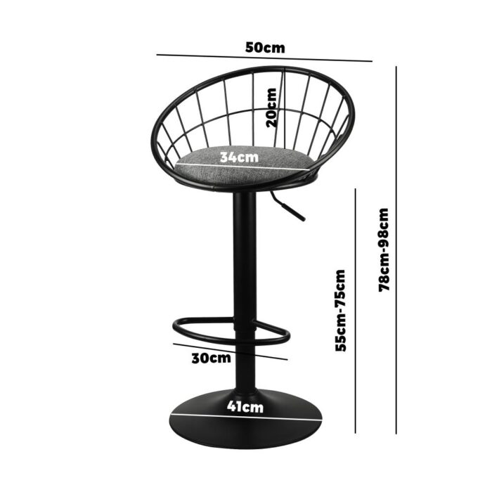 Oikiture 2x Bar Stools Gas Lift Metal Bar Stool Kitchen Chairs Grey Fabric Black - Image 3