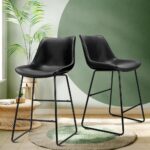 Oikiture Bar Stools Metal Bar Stool Kitchen Dining Chairs PU Leather Black x2 - Image 3