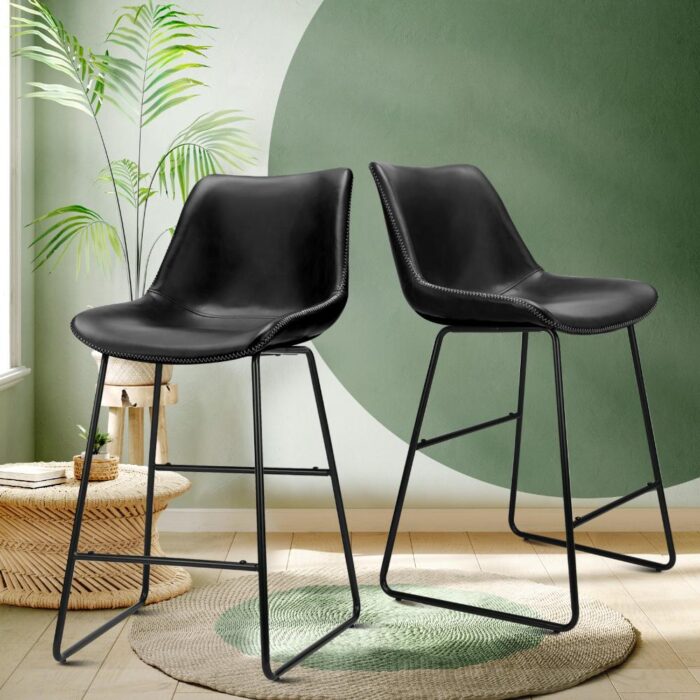 Oikiture Bar Stools Metal Bar Stool Kitchen Dining Chairs PU Leather Black x2 - Image 3
