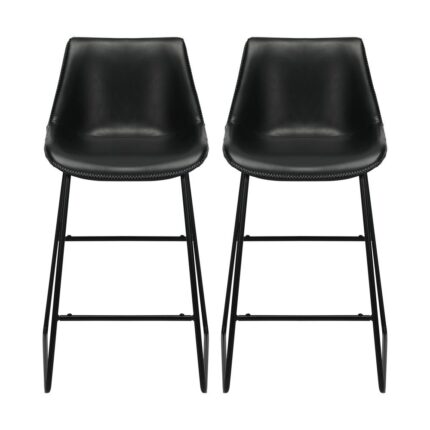 Oikiture Bar Stools Metal Bar Stool Kitchen Dining Chairs PU Leather Black x2
