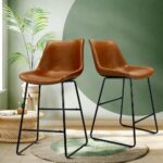 Oikiture Bar Stools Metal Bar Stool Kitchen Dining Chairs PU Leather Brown x2 - Image 8