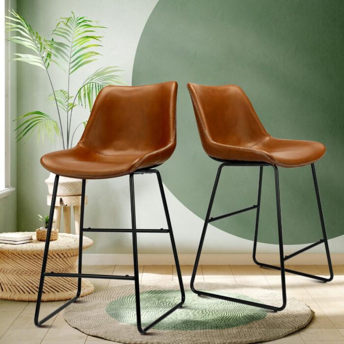 Oikiture Bar Stools Metal Bar Stool Kitchen Dining Chairs PU Leather Brown x2 - Image 8