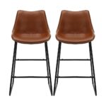 Oikiture Bar Stools Metal Bar Stool Kitchen Dining Chairs PU Leather Brown x2