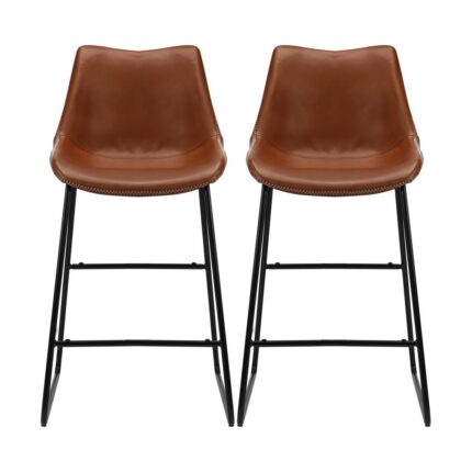 Oikiture Bar Stools Metal Bar Stool Kitchen Dining Chairs PU Leather Brown x2