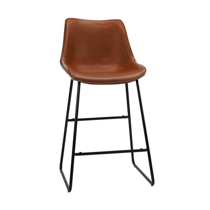 Oikiture Bar Stools Metal Bar Stool Kitchen Dining Chairs PU Leather Brown x2 - Image 2