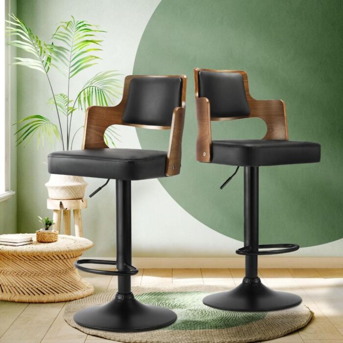 Oikiture Wooden Bar Stools Kitchen Gas Lift Barstool Swivel Chairs Leather x2 - Image 2
