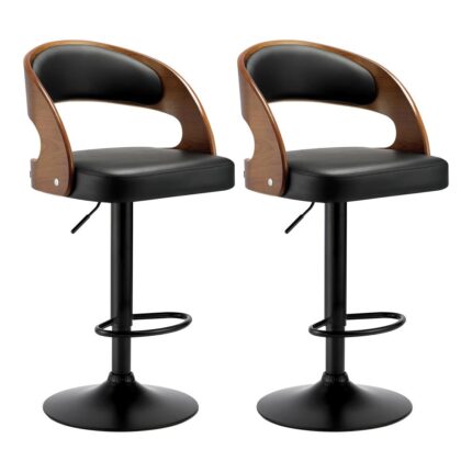 Oikiture 2x Kitchen Bar Stools Gas Lift Wooden Stool Metal Chairs Swivel Black