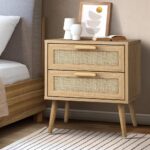 Oikiture Bedside Table 2 Drawers Rattan Bedroom Storage Cabinet Furniture Wood - Image 2