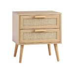 Oikiture Bedside Table 2 Drawers Rattan Bedroom Storage Cabinet Furniture Wood