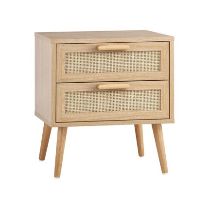 Oikiture Bedside Table 2 Drawers Rattan Bedroom Storage Cabinet Furniture Wood