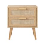 Oikiture Bedside Table 2 Drawers Rattan Bedroom Storage Cabinet Furniture Wood - Image 5