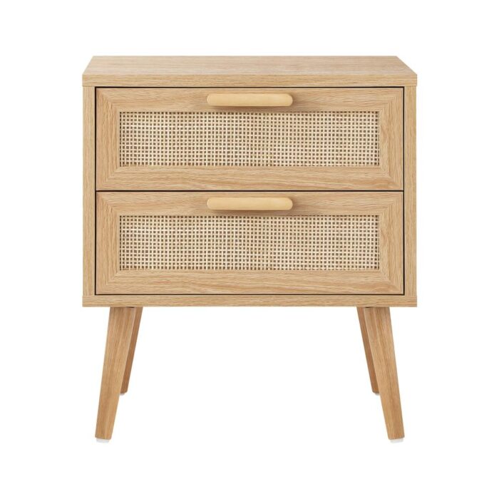 Oikiture Bedside Table 2 Drawers Rattan Bedroom Storage Cabinet Furniture Wood - Image 5