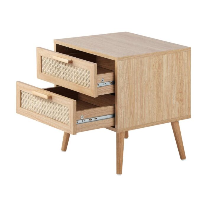 Oikiture Bedside Table 2 Drawers Rattan Bedroom Storage Cabinet Furniture Wood - Image 4