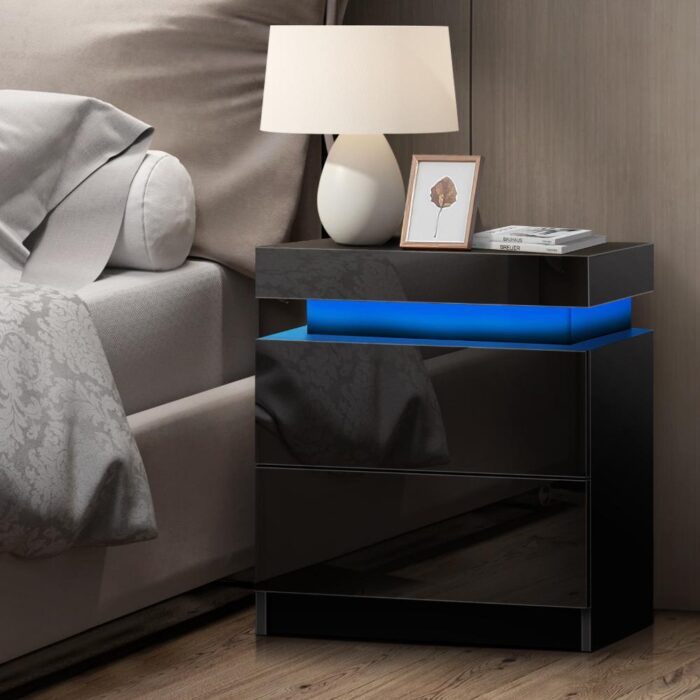 Oikiture Bedside Table RGB LED 2 Drawers Black - Image 6