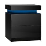 Oikiture Bedside Table RGB LED 2 Drawers Black - Image 4