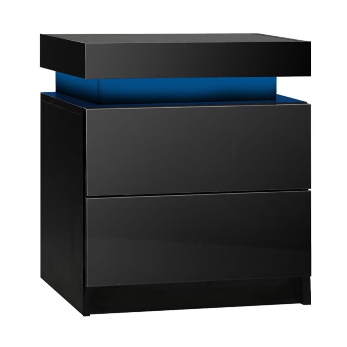 Oikiture Bedside Table RGB LED 2 Drawers Black - Image 4