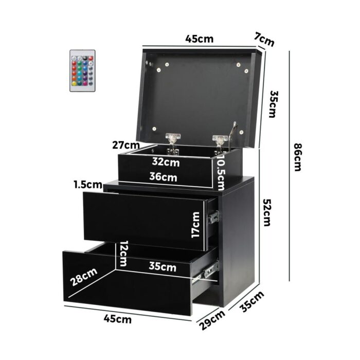 Oikiture Bedside Table RGB LED 2 Drawers Black - Image 2