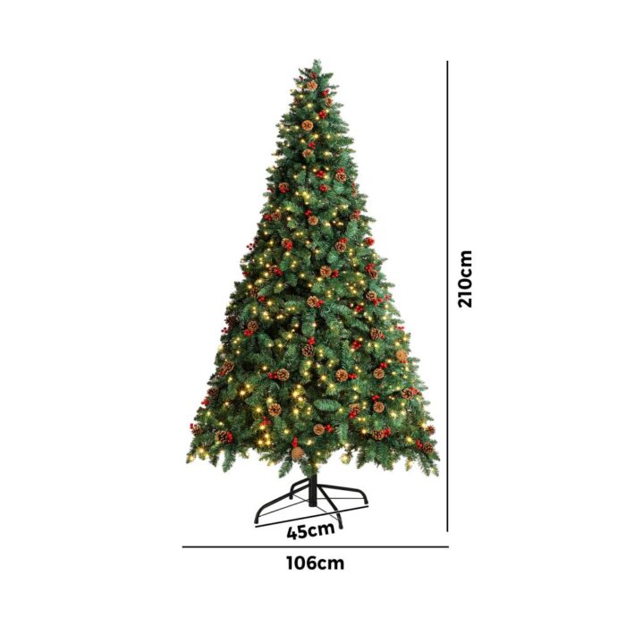 Mazam Christmas Tree 2.1M 7FT Xmas Decorations Green w/ LED Light and Pine Cones - Image 3