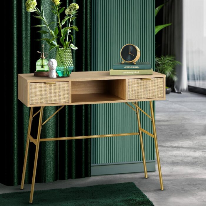 Oikiture Rattan Hall Console Table Hallway Side Desk Entry Display Furniture - Image 5