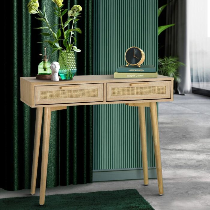 Oikiture Rattan Console Table Hall Table Dressing Desk Hallway Display Furniture - Image 6