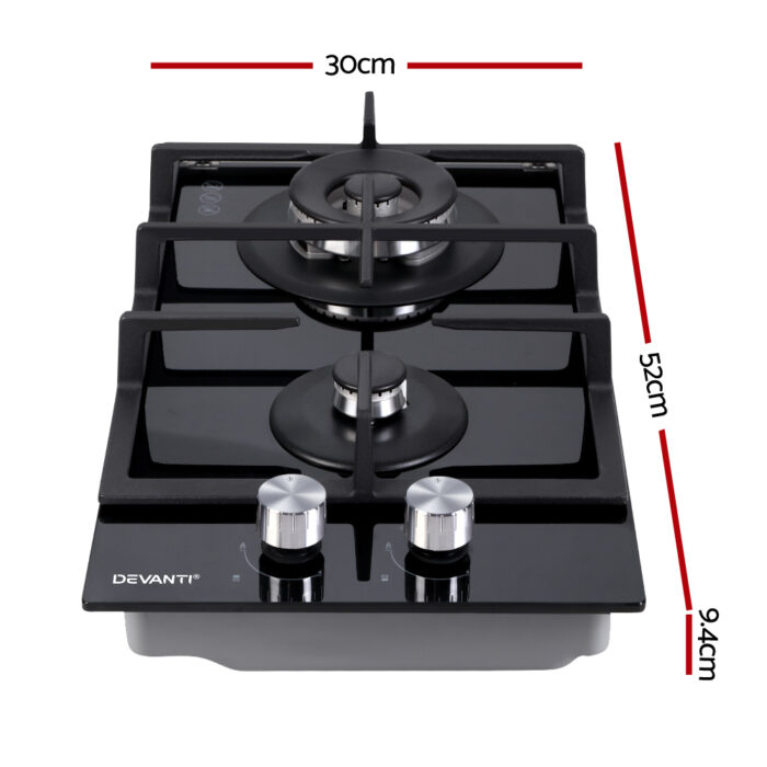 Devanti Gas Cooktop 30cm 2 Burner Black - Image 2