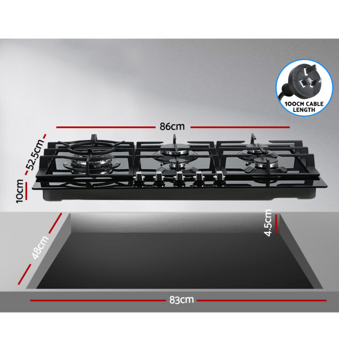 Devanti Gas Cooktop 90cm 5 Burner Black - Image 2