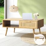 Oikiture Coffee Table Rattan Drawers Storage Shelf Modern Wooden Furniture - Image 3