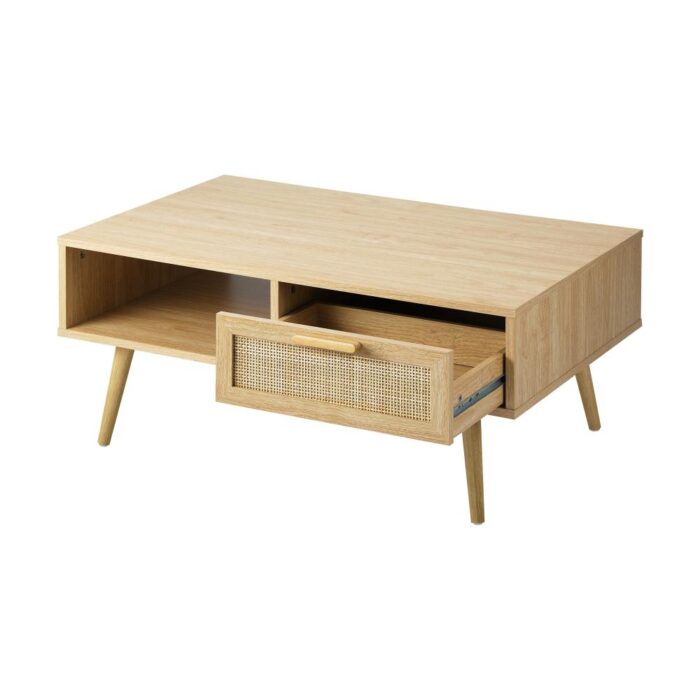Oikiture Coffee Table Rattan Drawers Storage Shelf Modern Wooden Furniture - Image 5