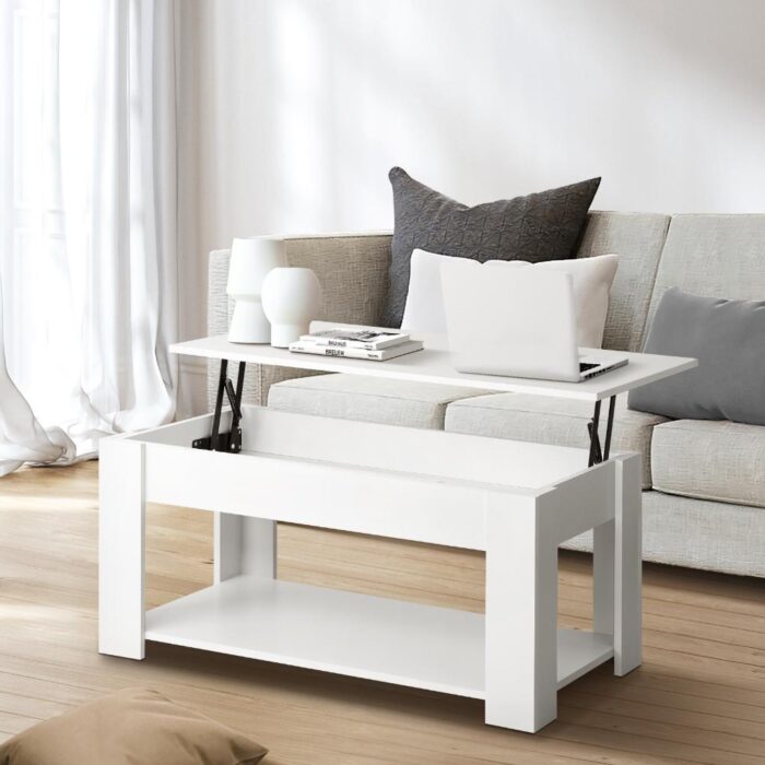 Oikiture Coffee Table with Lift Up Top Storage Space Wooden White - Image 2