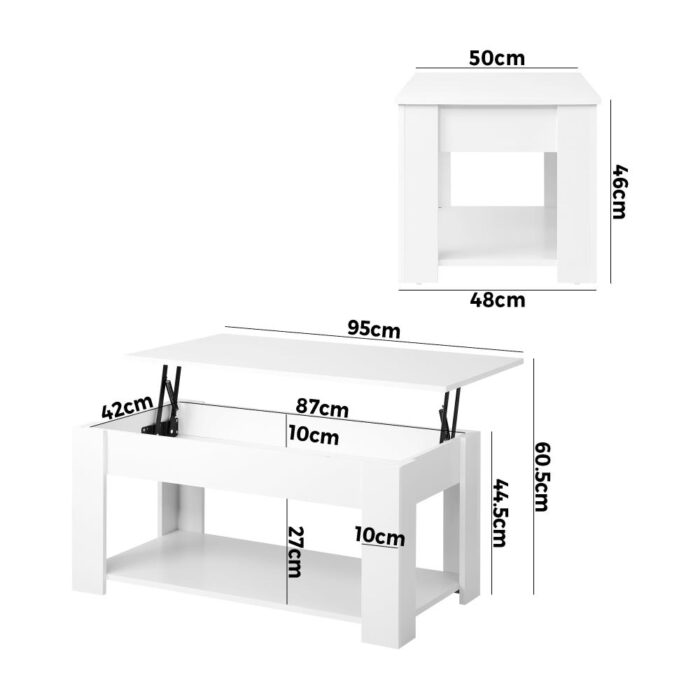 Oikiture Coffee Table with Lift Up Top Storage Space Wooden White - Image 6