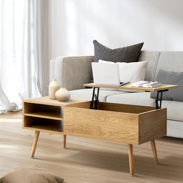 Oikiture Coffee Table Lift Up Top Modern Tables Hidden Book Storage Shelf Wood - Image 4