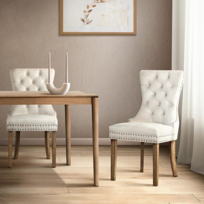 Oikiture Velert Dining Chair with French Tufted X2 Beige - Image 6
