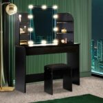 Oikiture Dressing Table Stool Set with 10 Bulbs Mirror Black - Image 6